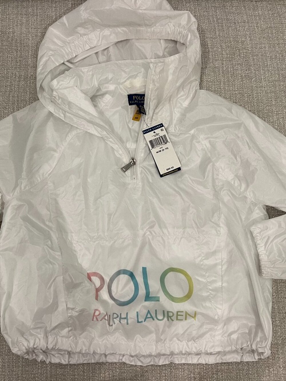 NWT Polo Ralph Lauren Girls Packable Hooded Windbreaker White Size M 8-10